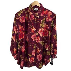 Vintage Maggie Sweet Women's Button-Up Padded Sketched Floral Print Blouse Large